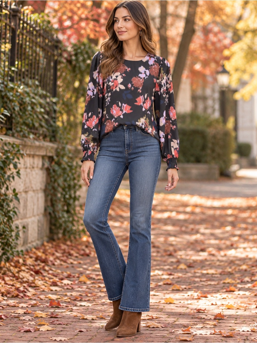 EVEREVE Floral Long Sleeve Blouse Smocked Cuffs Black Multicolor Small